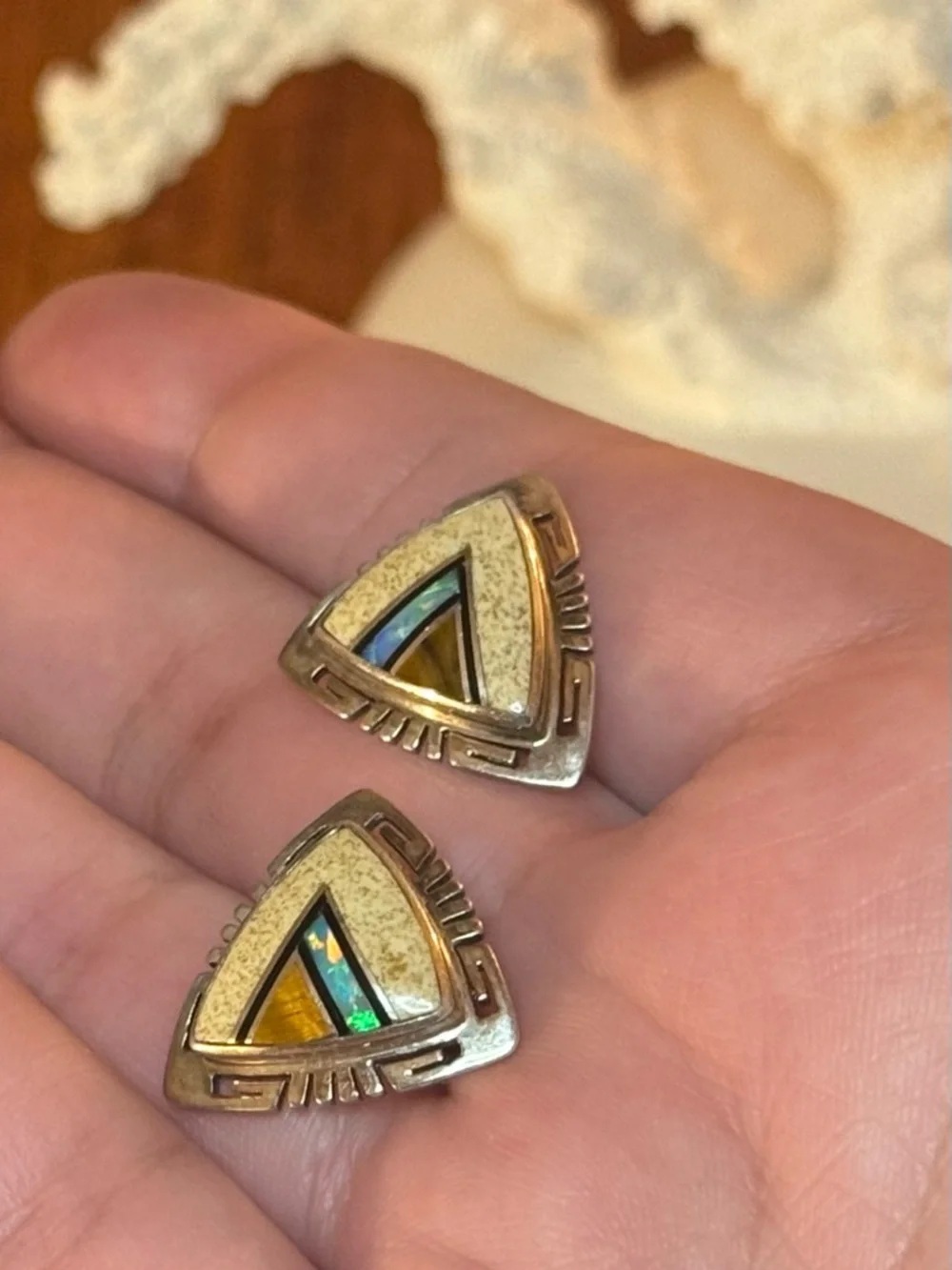 Native American Sterling VTG Inlay Earrings - Picture 13 of 16